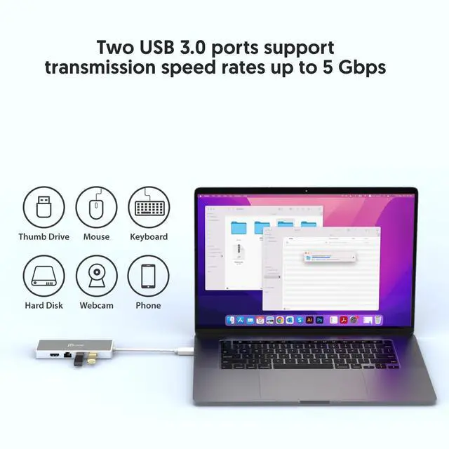 Alt view image 5 of 7 - USB 3.0 Hub with HDMI, VGA, RJ45 Gigabit Ethernet, 2 USB 3.1 Type-A Ports - High Speed Data Transfer Adapter for Mac, Windows, Desktop PC - Supports Up to 2K Resolution (JUD380)