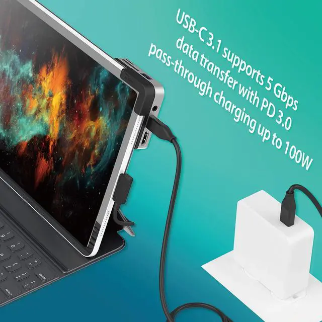 Alt view image 4 of 7 - iPad Pro USB C Hub- 6-in-1 Travel Dock for iPad Pro 12.9/11, with 4K@60Hz HDMI, USB C PD Charging 100W & Data, USB A 3.1, SD and microSD Card Reader, 3.5mm Headphone Jack (JCD612)