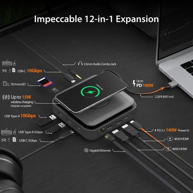 Alt view image 2 of 7 - USB-C Dock Dual 4K HDMI - Supports Dual Extended 4K Display for Windows and M1/M2/M3 MacBook, Built-in 15W Magnetic Wireless Charger, USB-A x 2, USB-C x 2, Gigabit ethernet (JCD3199)