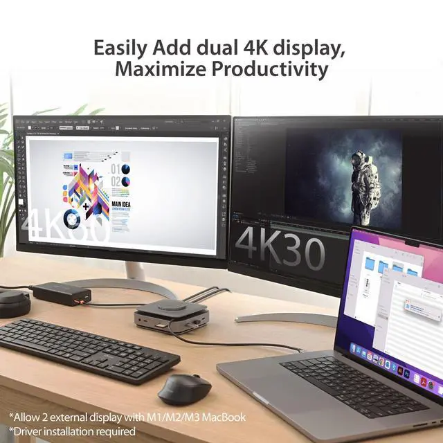 Alt view image 3 of 7 - USB-C Dock Dual 4K HDMI - Supports Dual Extended 4K Display for Windows and M1/M2/M3 MacBook, Built-in 15W Magnetic Wireless Charger, USB-A x 2, USB-C x 2, Gigabit ethernet (JCD3199)