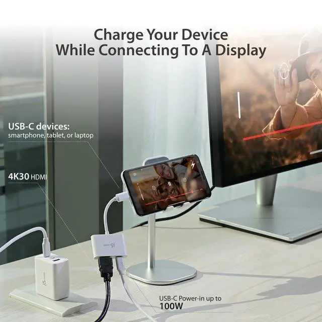 Alt view image 2 of 7 - 2-in-1 USB-C to 4K HDMI Adapter with PD Charging Port, Supports 4K UHD Video, Charge While Displaying, Compatible with MacBook, iPad, Smartphone, Laptop, Steam Deck (JCA152)