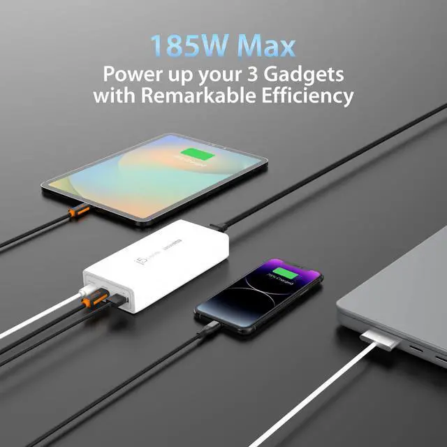 Alt view image 2 of 7 - 185W GaN USB-C/A 3-Port Laptop Super Charger w/Power Delivery 3.1, Supports MacBook Pro MagSafe 140W, Power and Charge Laptops/Tablets/Phones/Game Consoles (JUP37185W)