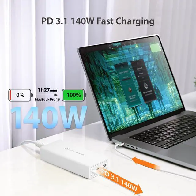 Alt view image 3 of 7 - 185W GaN USB-C/A 3-Port Laptop Super Charger w/Power Delivery 3.1, Supports MacBook Pro MagSafe 140W, Power and Charge Laptops/Tablets/Phones/Game Consoles (JUP37185W)