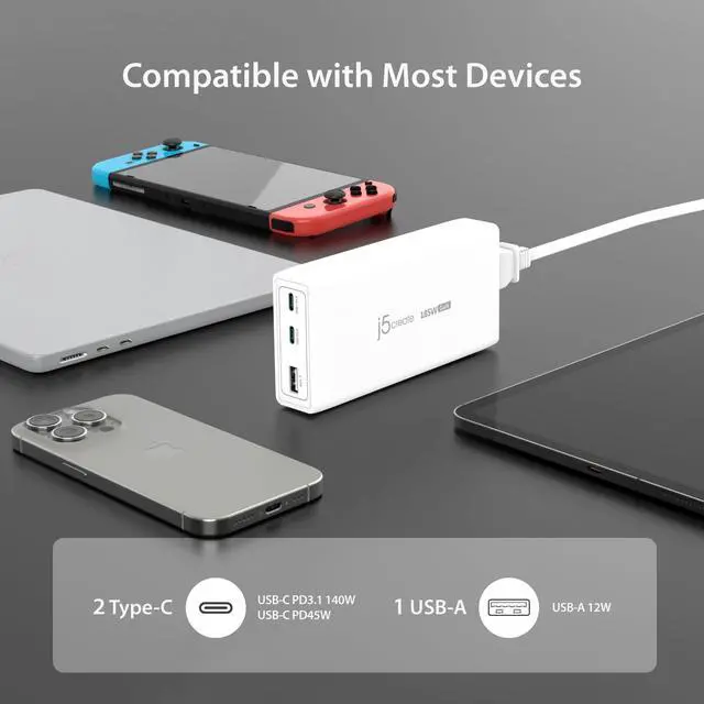 Alt view image 6 of 7 - 185W GaN USB-C/A 3-Port Laptop Super Charger w/Power Delivery 3.1, Supports MacBook Pro MagSafe 140W, Power and Charge Laptops/Tablets/Phones/Game Consoles (JUP37185W)