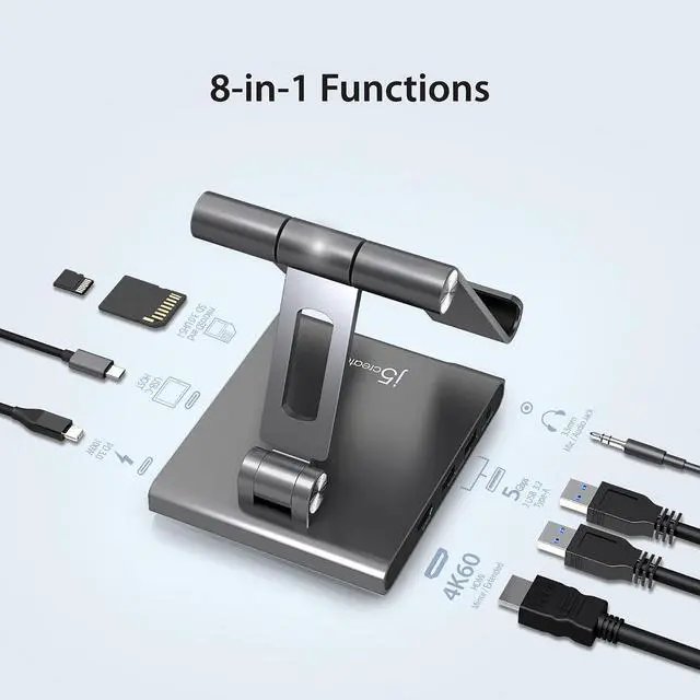 Alt view image 2 of 7 - Adjustable Tablet Stand with USB Type C Docking Station for iPad Pro/Air/mini : 4K60 HDMI, 2 x USB-A 5Gbps, 100W PD Charging, microSD/SD Card Reader, 3.5mm Audio Jack (JTS224)