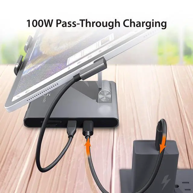 Alt view image 5 of 7 - Adjustable Tablet Stand with USB Type C Docking Station for iPad Pro/Air/mini : 4K60 HDMI, 2 x USB-A 5Gbps, 100W PD Charging, microSD/SD Card Reader, 3.5mm Audio Jack (JTS224)