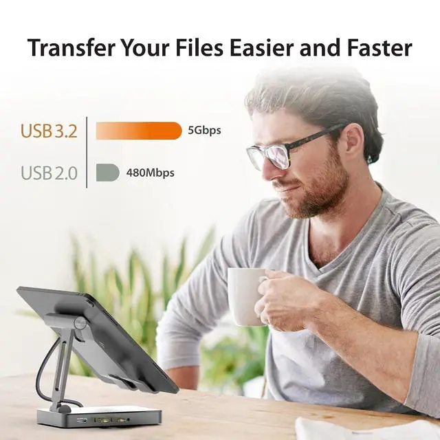 Alt view image 6 of 7 - Adjustable Tablet Stand with USB Type C Docking Station for iPad Pro/Air/mini : 4K60 HDMI, 2 x USB-A 5Gbps, 100W PD Charging, microSD/SD Card Reader, 3.5mm Audio Jack (JTS224)