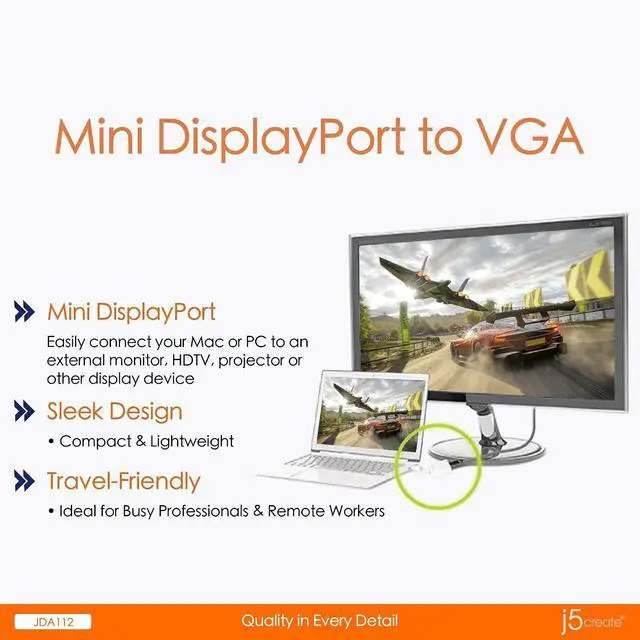 Alt view image 3 of 7 - Mini DisplayPort to VGA- 1.62 Gbps and 2.7 Gbps | 4K (1080p) | 1920 x 1200 @ 60 Hz | Compatible with Mac, Windows and Intel Thunderbolt Devices (JDA112)