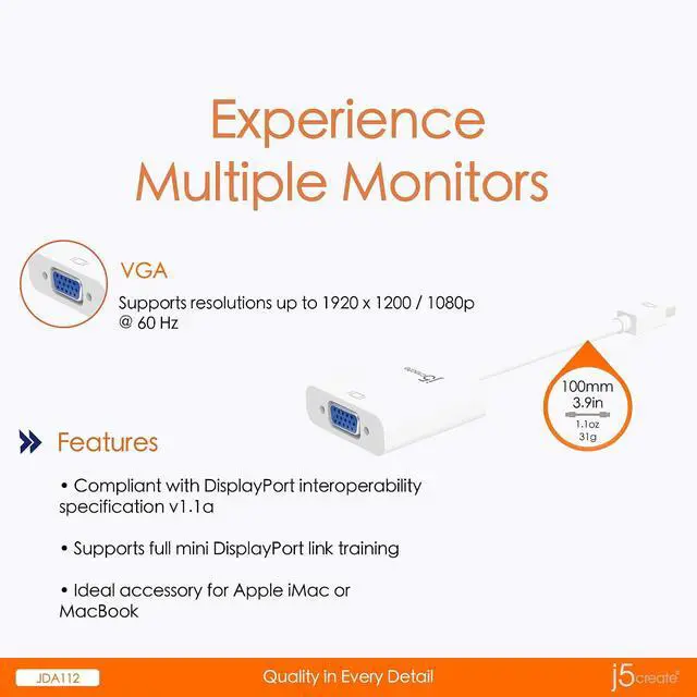 Alt view image 4 of 7 - Mini DisplayPort to VGA- 1.62 Gbps and 2.7 Gbps | 4K (1080p) | 1920 x 1200 @ 60 Hz | Compatible with Mac, Windows and Intel Thunderbolt Devices (JDA112)