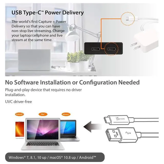 Alt view image 5 of 7 - Live Video Capture Card - HDMI to USB-C, Supports 1080p 60FPS Video and Audio Recording, Power Delivery 60W Pass Through, Ideal for PC Xbox PlayStation Android Game Live Streaming (JVA02)