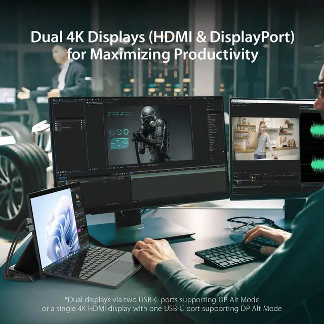 Alt view image 4 of 7 - USB C Dual 4K60 Display Docking Station (12-in-1), Built-in M.2 SSD Slot, HDMI, DisplayPort, 10Gbps USB-A, Card Reader, PD 100W, Ethernet, for Surface Pro 7/8/9/11 (JCD551)