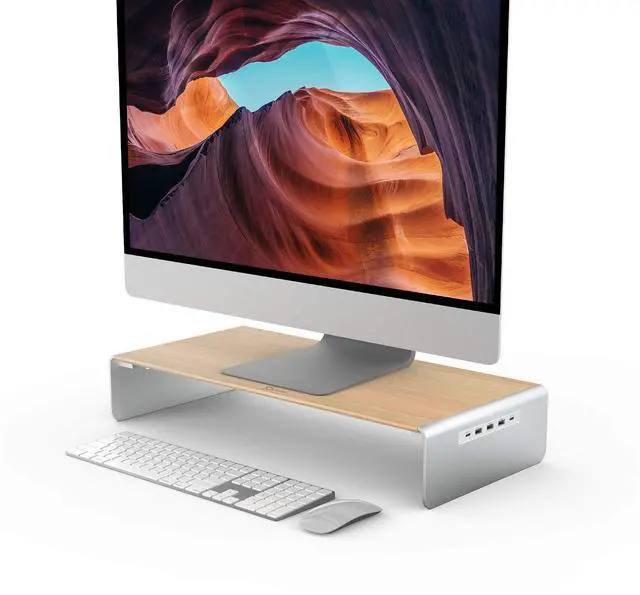 Main image of Wooden Monitor Stand with USB Type C/HDMI Docking Station - USB 3.1 C to C Cable Included - Handmade Wood Panel with Aluminum Riser for Computer Screens, Laptops, TV
