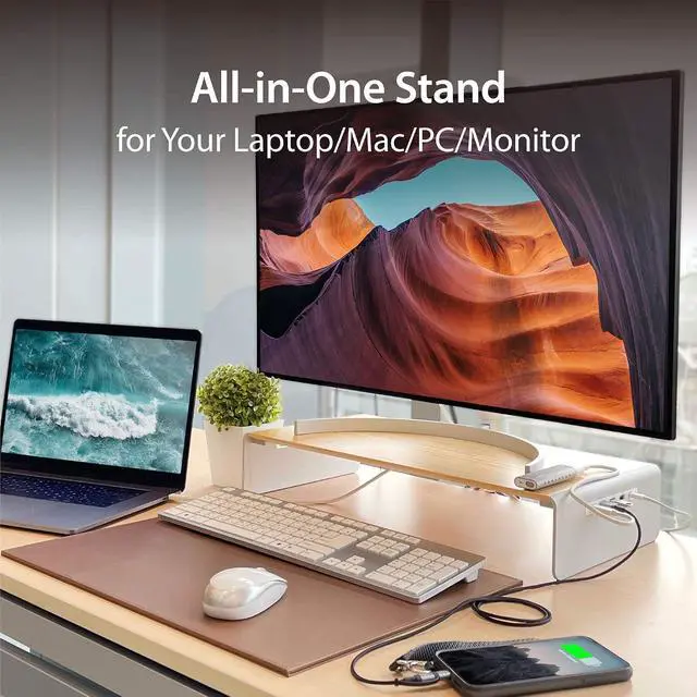 Alt view image 2 of 6 - Wooden Monitor Stand with USB Type C/HDMI Docking Station - USB 3.1 C to C Cable Included - Handmade Wood Panel with Aluminum Riser for Computer Screens, Laptops, TV