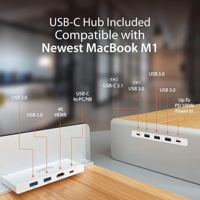 Alt view image 3 of 6 - Wooden Monitor Stand with USB Type C/HDMI Docking Station - USB 3.1 C to C Cable Included - Handmade Wood Panel with Aluminum Riser for Computer Screens, Laptops, TV