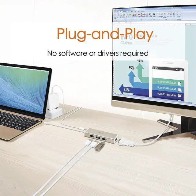Alt view image 6 of 7 - USB C Hub Adapter Dongle USB 3.1 Type C Cable to 3-Port USB 3.0 & VGA Multi-Monitor Display | SuperSpeed Backwards Compatible with USB 2.0 for Apple MacBook, Windows Laptops, Tablets