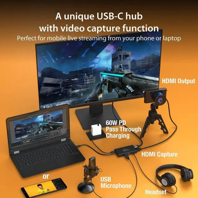 Alt view image 2 of 7 - Video Capture Card with PD 60W Pass-Through Charging, Built-in Multi-Function hub, Suitable for Streaming, Live Broadcasting, Video Conference, Teaching, Gaming (JVA01)