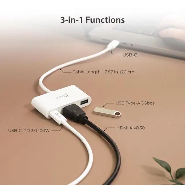 Alt view image 3 of 7 - USB-C to HDMI & USB Type-A with Power Delivery(Eco-Friendly) with 4K HDMI, USB-A 5Gbps, PD 100W Charging | Compatible with MacBook Pro,Chromebook,HP, Samsung and more Type-C Devices(JCA379EW)