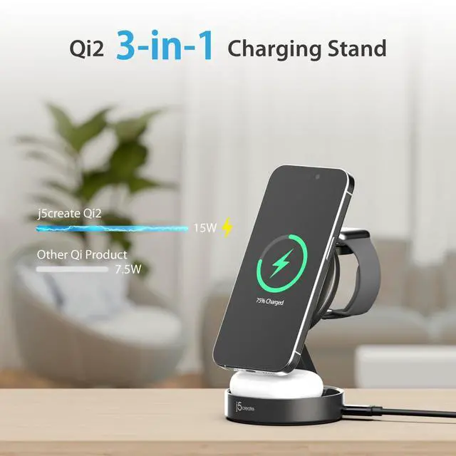 Alt view image 2 of 7 - Qi2 3-in-1 Zinc Alloy Magnetic Wireless Charging Station for iPhone/Apple Watch/AirPods | 15W Fast Charging | Adjustable Phone/Watch Stand, Rotating Base | Foldable Travel Design (JUPW3515)
