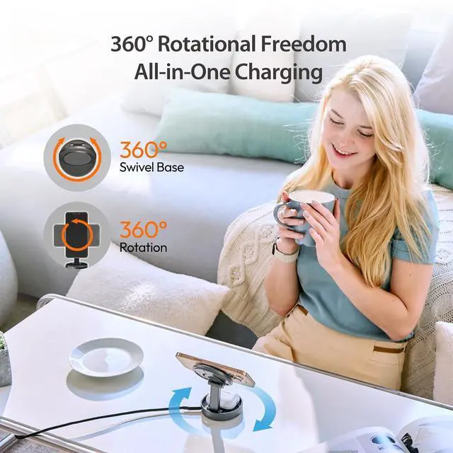 Alt view image 5 of 7 - Qi2 3-in-1 Zinc Alloy Magnetic Wireless Charging Station for iPhone/Apple Watch/AirPods | 15W Fast Charging | Adjustable Phone/Watch Stand, Rotating Base | Foldable Travel Design (JUPW3515)