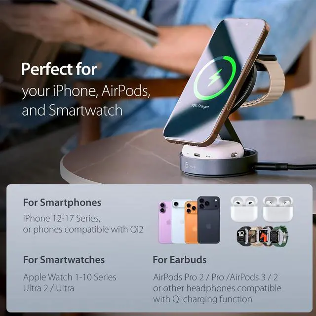 Alt view image 6 of 7 - Qi2 3-in-1 Zinc Alloy Magnetic Wireless Charging Station for iPhone/Apple Watch/AirPods | 15W Fast Charging | Adjustable Phone/Watch Stand, Rotating Base | Foldable Travel Design (JUPW3515)