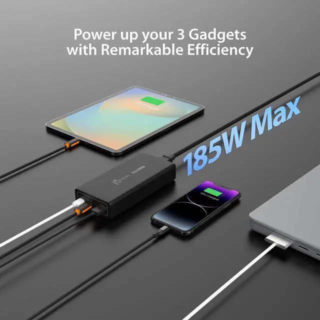 Alt view image 2 of 7 - 185W GaN USB-C/A 3-Port Laptop Super Charger w/Power Delivery 3.1, Supports MacBook Pro MagSafe 140W Charging-Simultaneously Power and Charge Laptops/Tablets/Phones/Game Consoles (JUP37185)