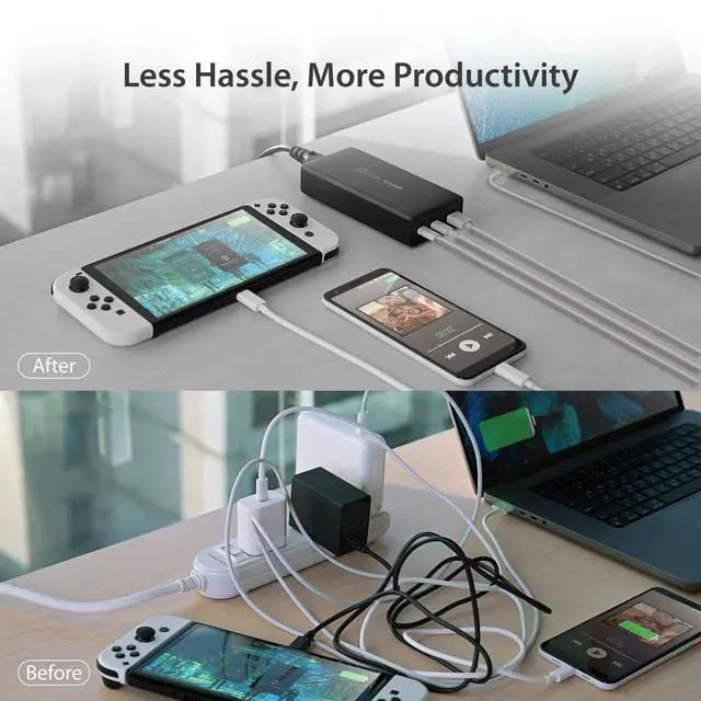 Alt view image 7 of 7 - 185W GaN USB-C/A 3-Port Laptop Super Charger w/Power Delivery 3.1, Supports MacBook Pro MagSafe 140W Charging-Simultaneously Power and Charge Laptops/Tablets/Phones/Game Consoles (JUP37185)