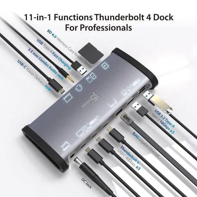 Alt view image 2 of 7 - 8K Thunderbolt 4 Docking Station with Max 96W Charging, Single 8K60 or Dual 4K60 Display, Thunderbolt 4 40Gbps, USB 10Gbps, Gigabit Ethernet, SD 4.0, Audio Combo (JTD562)