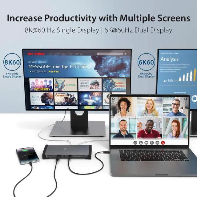 Alt view image 3 of 7 - 8K Thunderbolt 4 Docking Station with Max 96W Charging, Single 8K60 or Dual 4K60 Display, Thunderbolt 4 40Gbps, USB 10Gbps, Gigabit Ethernet, SD 4.0, Audio Combo (JTD562)