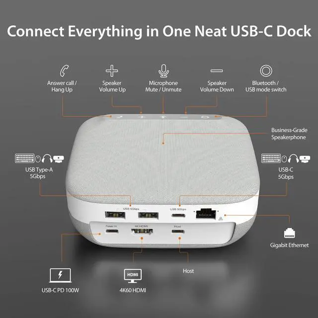 Alt view image 2 of 7 - USB-C 4K Speakerphone Dock, All-in-one Audio Dock for Video Conference, 4K HDMI, USB-A x 2, USB-C, Gigabit ethernet, Pass-Through Charging - Works with Teams, Zoom, and Google Meet (JCDS335)