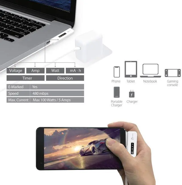 Alt view image 6 of 7 - USB-C to USB-C 2.0 Right Angle Cable with Dynamic Power Meter (4ft) Support Power Delivery 2.0 with E-Marked IC Chip and OLED Display