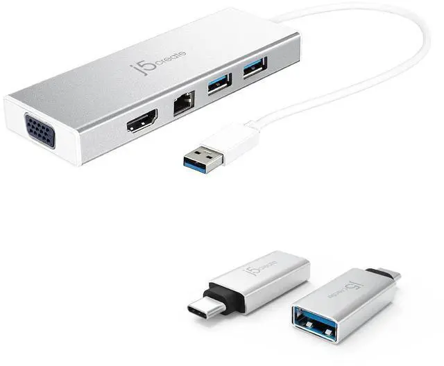 Main image of USB A Hub with HDMI, VGA, Ethernet + USB C to USB Type-A Adapter (JUD380 + JUCX15X2)