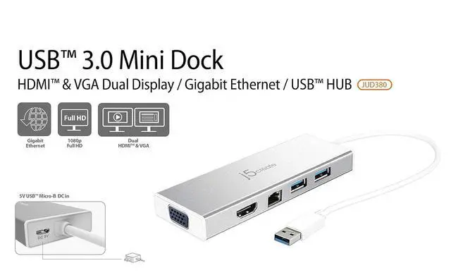 Alt view image 2 of 7 - USB A Hub with HDMI, VGA, Ethernet + USB C to USB Type-A Adapter (JUD380 + JUCX15X2)