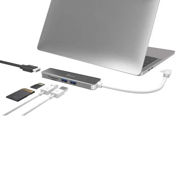 Alt view image 2 of 6 - 5 in 1 Compact USB-C Hub, Type C Adapter with 4K HDMI, 2 USB 3.0 Ports, SD and microSD Card Reader, for MacBook Pro, MacBook Air, XPS, Chromebook, and Other USB C Windows Laptops (JCD372)