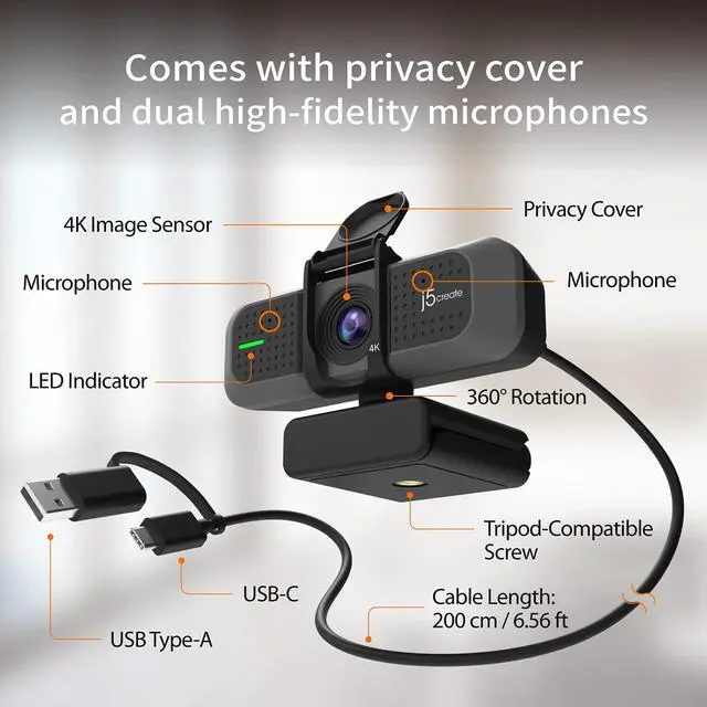 Alt view image 6 of 7 - 4K Wide Angle Webcam with Microphone/Privacy Cover for Video Conferencing, Streaming, Recording and Online Teaching, Supports Zoom, Skype, Teams, OBS and More (JVU430)