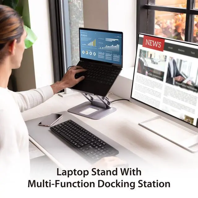 Alt view image 2 of 6 - Laptop Stand with USB C 4K HDMI Display Hub - 2 USB A 5Gbps, PD 100W with USB-C 5Gbps | Aluminum Computer Riser for MacBook and Windows Notebook (JTS327)
