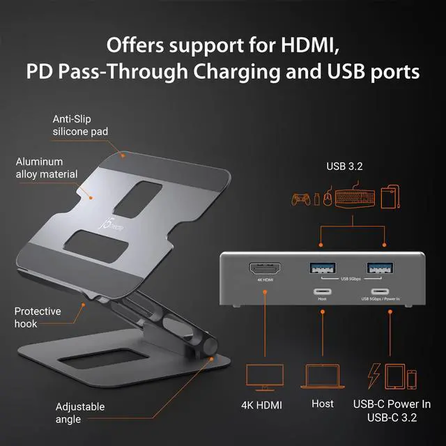 Alt view image 3 of 6 - Laptop Stand with USB C 4K HDMI Display Hub - 2 USB A 5Gbps, PD 100W with USB-C 5Gbps | Aluminum Computer Riser for MacBook and Windows Notebook (JTS327)