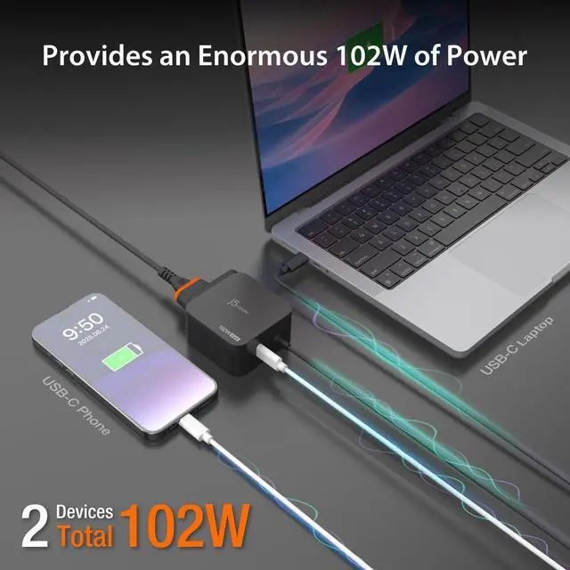 Alt view image 2 of 7 - 102W GaN USB-C 2-Port Nano Super Charger w/AC Extension Compact and Portable Design for MacBook, Windows Laptops, iPad, Smartphones, Game Consoles (JUP25100P)