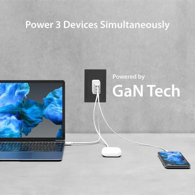 Alt view image 2 of 7 - 65W GaN USB-C 3 Port Charger, Compact and Foldable Wall Charger for MacBook Air, iPad Pro, iPhone 15/ Pro/Max, Galaxy S24/ S23, Dell XPS 13, Steam Deck, and More (JUP3365)