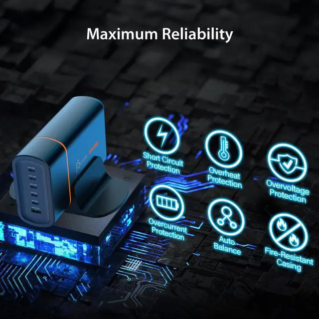Alt view image 6 of 7 - 380W GaN USBC 6Port Charger for Laptops, Tablets, Smartphones, Game Consoles | 240W PD3.1 + 5 USBC & 1 USBA Ports | Compact Desk Station with Extended AC Cord and Stand (JUP67380)