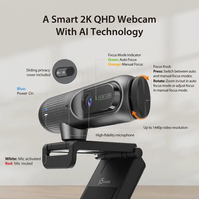 Alt view image 2 of 7 - 2K@60FPS AI Webcam with AI Framing, Auto-Focus, High Fidelity Mic,Privacy Cover, and Extendable Mount, Works w/Zoom/Teams/Meet for Streaming and Online Meetings (JVU302)