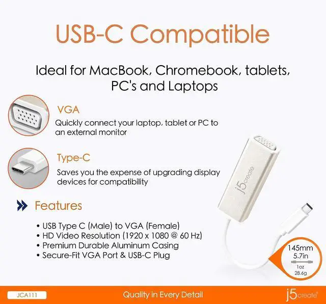 Alt view image 7 of 7 - USB Type-C to VGA Adapter, Thunderbolt 3/4 to VGA, Aluminium Shell, Compatible with iPhone 16/15 Pro Max, MacBook Pro/Air, iPad Pro, XPS, S22/23/24 and More (JCA111)