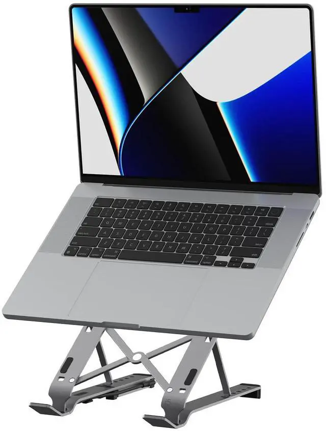 Main image of Portable Aluminum Laptop Stand with USB 4-Port Hub, Foldable and Adjustable Notebook Riser with 4 USB-A Ports for MacBook, Laptop, and Tablet up to 16" (JTS223)