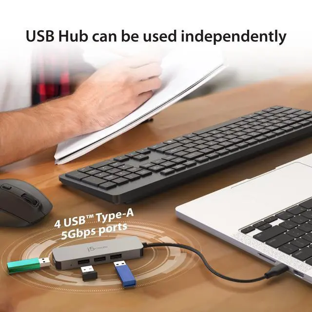 Alt view image 3 of 7 - Portable Aluminum Laptop Stand with USB 4-Port Hub, Foldable and Adjustable Notebook Riser with 4 USB-A Ports for MacBook, Laptop, and Tablet up to 16" (JTS223)