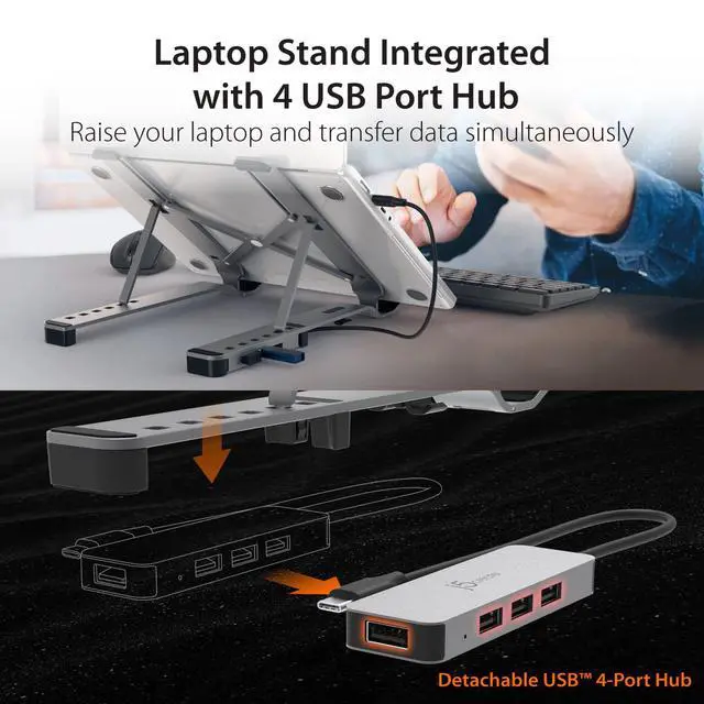 Alt view image 2 of 7 - Portable Aluminum Laptop Stand with USB 4-Port Hub, Foldable and Adjustable Notebook Riser with 4 USB-A Ports for MacBook, Laptop, and Tablet up to 16" (JTS223)