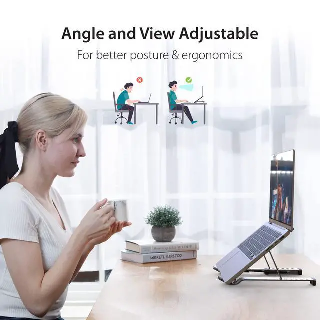 Alt view image 5 of 7 - Portable Aluminum Laptop Stand with USB 4-Port Hub, Foldable and Adjustable Notebook Riser with 4 USB-A Ports for MacBook, Laptop, and Tablet up to 16" (JTS223)