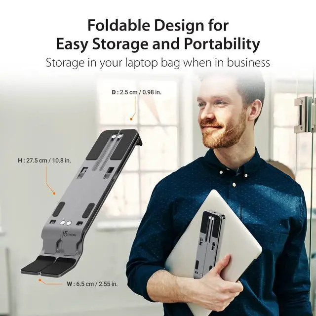 Alt view image 7 of 7 - Portable Aluminum Laptop Stand with USB 4-Port Hub, Foldable and Adjustable Notebook Riser with 4 USB-A Ports for MacBook, Laptop, and Tablet up to 16" (JTS223)