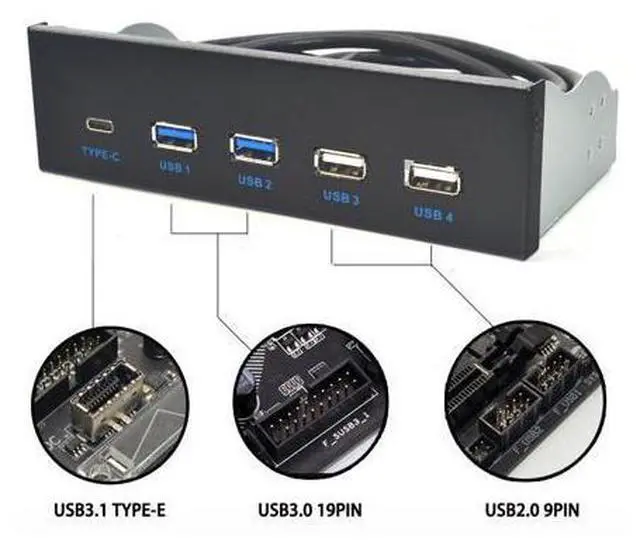 Main image of 5.25 Inch USB 3.1 GEN2 Front Panel USB Hub 2 Ports USB 3.0 + 2 Ports USB2.0 + 1 Port TYPE-C with TYPE-E Connector for Desktop PC