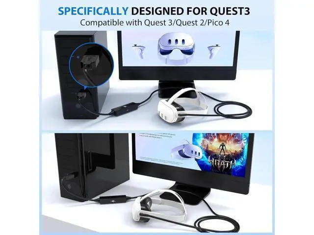 Alt view image 4 of 7 - Link Cable 16FT/5M for Me-ta Quest 3/Quest2/Quest Pro/Pico4 and PC/Steam VR, USB 3.0 Link Cable with 5Gbps Super Speed, with Separate Charging Port, Link Cable for VR Headset and Gaming PC