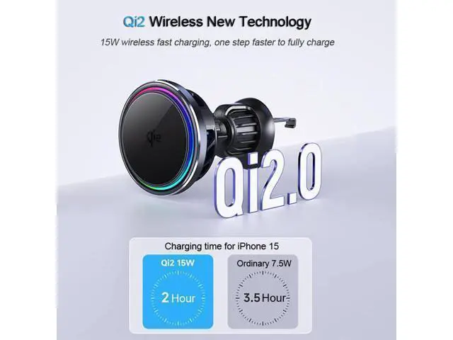 Alt view image 2 of 7 - RGB 15W Magnetic Car Vent Wireless Charger Holder Semiconductor Cooling Fast Charging Mount Fit iPhone 15/iPhone 14/13/12 Series and Magnetic Case
