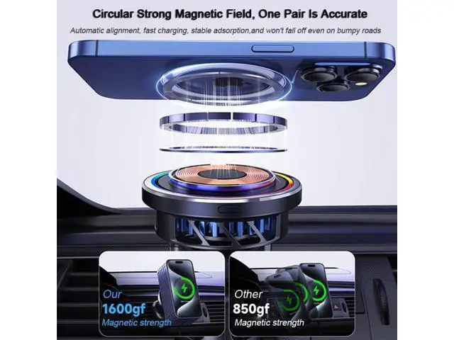 Alt view image 6 of 7 - RGB 15W Magnetic Car Vent Wireless Charger Holder Semiconductor Cooling Fast Charging Mount Fit iPhone 15/iPhone 14/13/12 Series and Magnetic Case